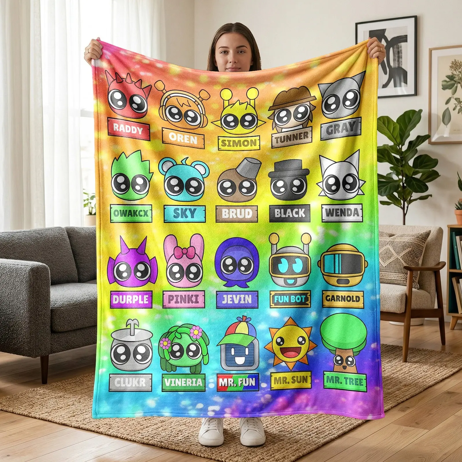 1pc Sprunki Cartoon Character Collection Fleece Blanket, Q Music Characters, Colorful Avatars & Playful Sky Background All-Over Print, Fun Game Illustration Style. Soft Multi-use Throw for Sofa, Bed, Office, Camping, Perfect Christmas Gift.