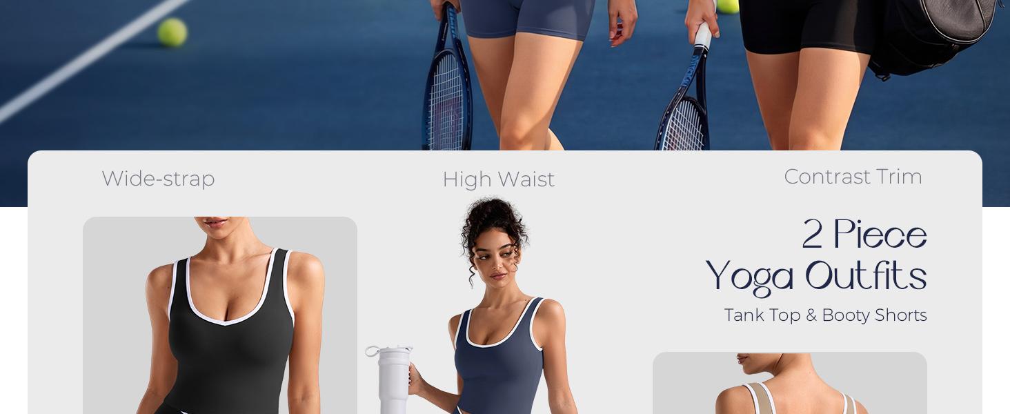 Womens Workout Sets 2 Piece Gym Yoga Outfits Crossover Flare Leggings Crop Tank Top with Contrast Trim