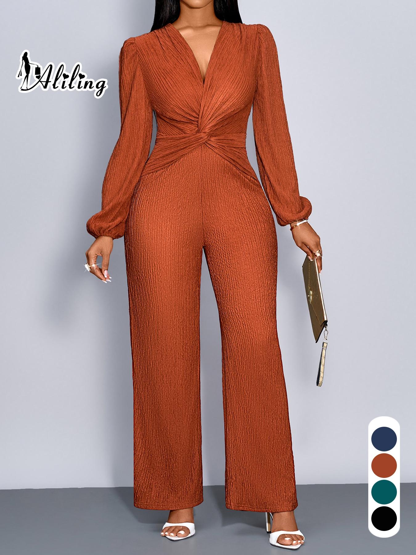 Aliling Fahsion Jumpsuit For Women Autumn Sexy Elegant Women's Jumpsuits, Deep V Neck High Waist Twist Design Long Pants, Puff Sleeve Wide Leg Pants Jumpsuit ,All Seasons Causal Wear