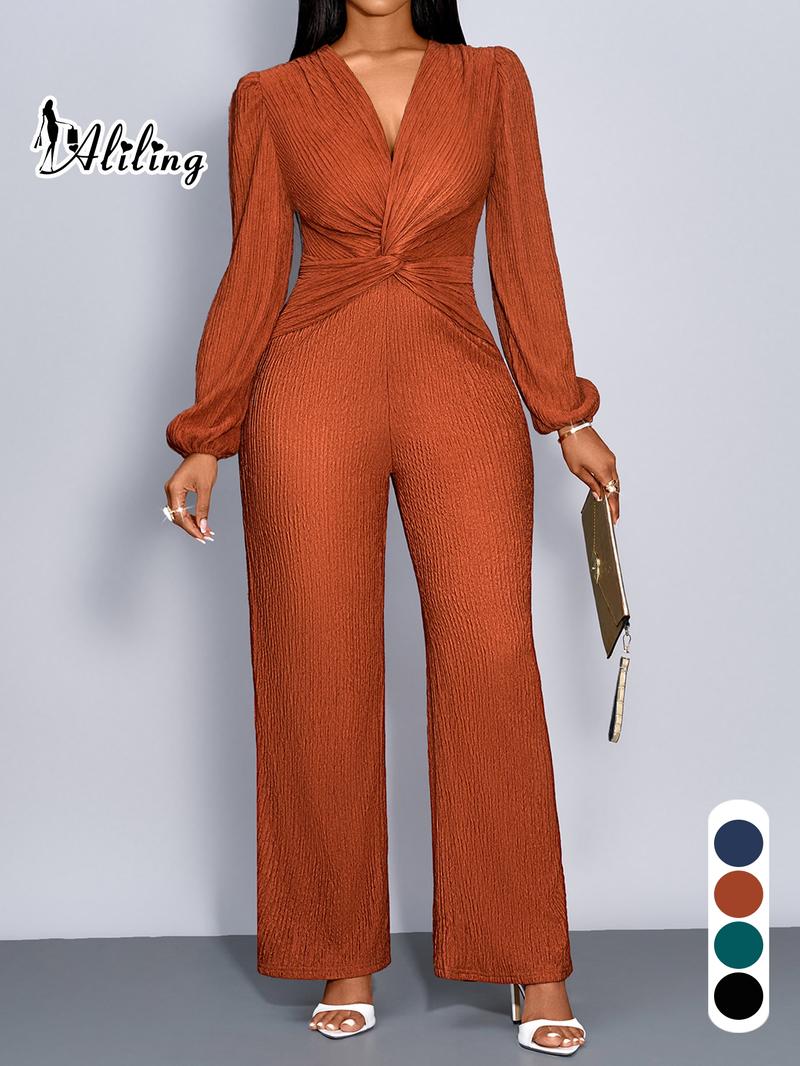 Aliling Fahsion Jumpsuit For Women Autumn Sexy Elegant Women's Jumpsuits, Deep V Neck High Waist Twist Design Long Pants, Puff Sleeve Wide Leg Pants Jumpsuit ,All Seasons Causal Wear