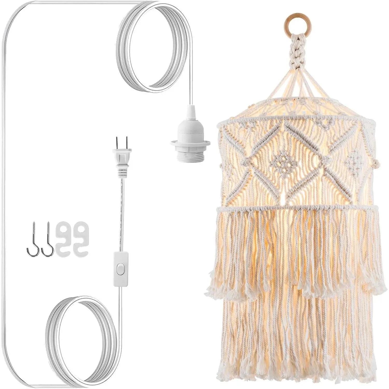 Boho Plug Pendant Light, Hanging Light with Plug Cord, Hanging Lamp with Handmade Macrame Lamp Shade, Boho Plug Hanging Light Fixtures for Living Room Bedroom Decor