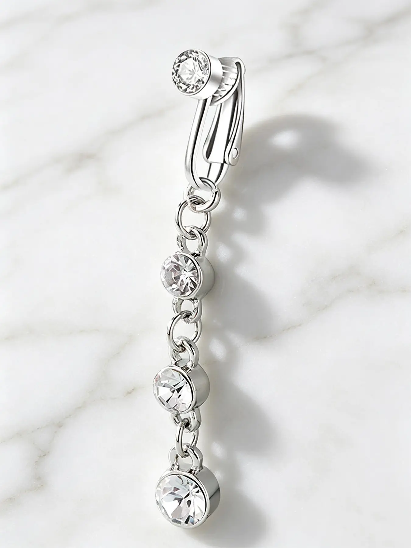 Y2K Luxury Long Multi Round CZ Dangle Clip On Belly Ring, Sparkly Clear Stainless Steel Non Piercing Navel Clip, Trendy Beach Vacation Body Accessories for Girls