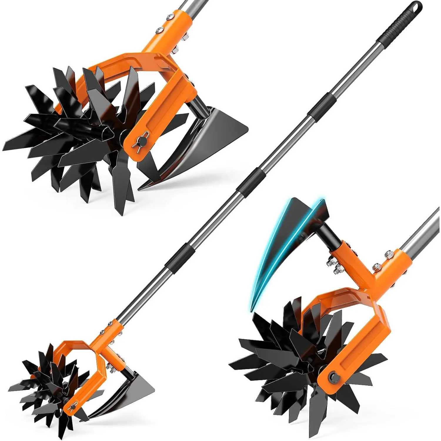Hand Tiller Garden Cultivator, Garden Tiller with Upgrated Triangle Hoe and Adjustable Long Handle, 2-in-1 Weeder & Soil Aerator for Lawn Care, Cultivate, , Reseed, Gardening Hand Tools