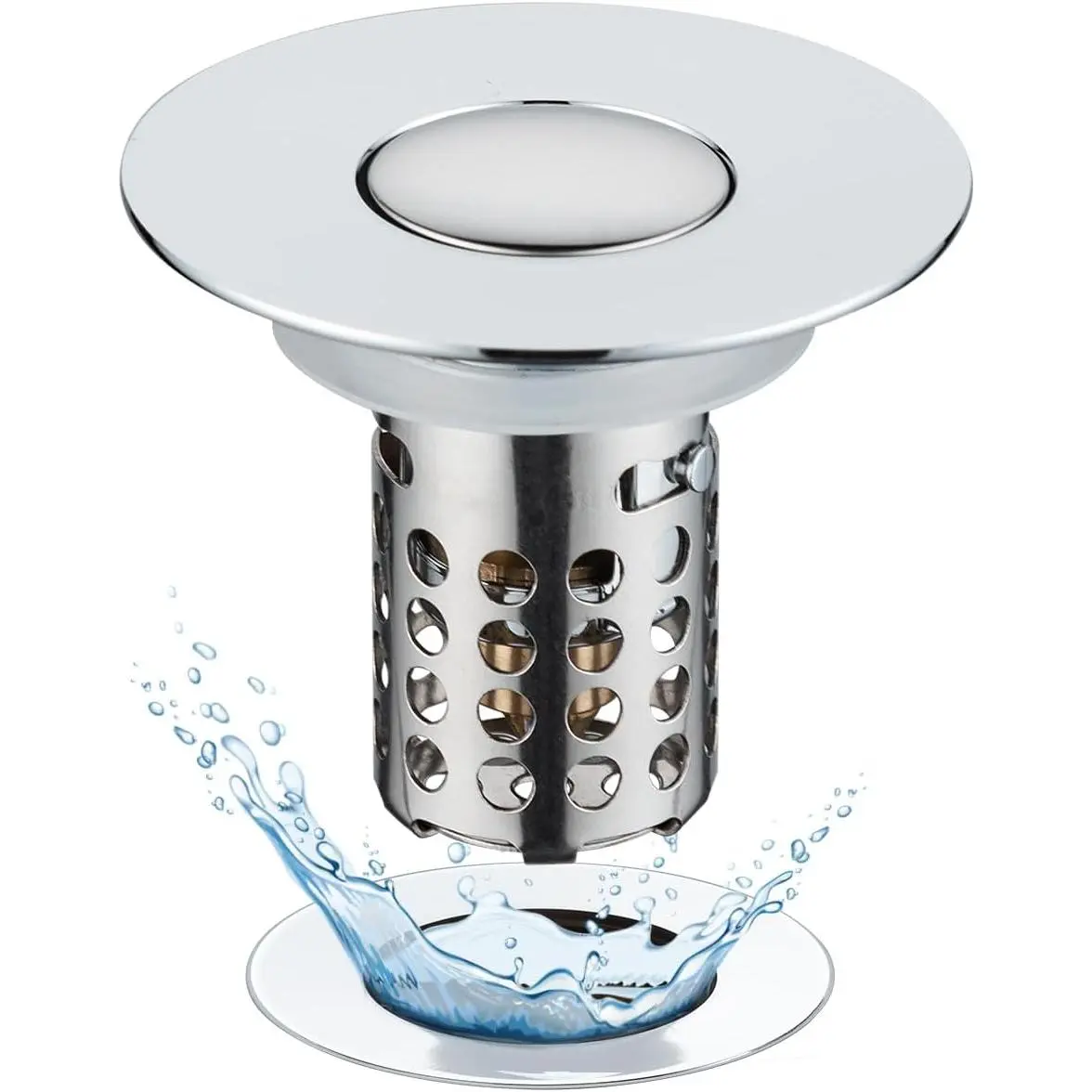 Bathroom Sink Drain Strainer,  Pop Up 3 in 1 Bathroom Sink Stopper with Removable Stainless Steel Filter Basket Drain Hair Catcher, Sink Plug for 1.1''~2.36'' Basin, Brass  Core, Chrome