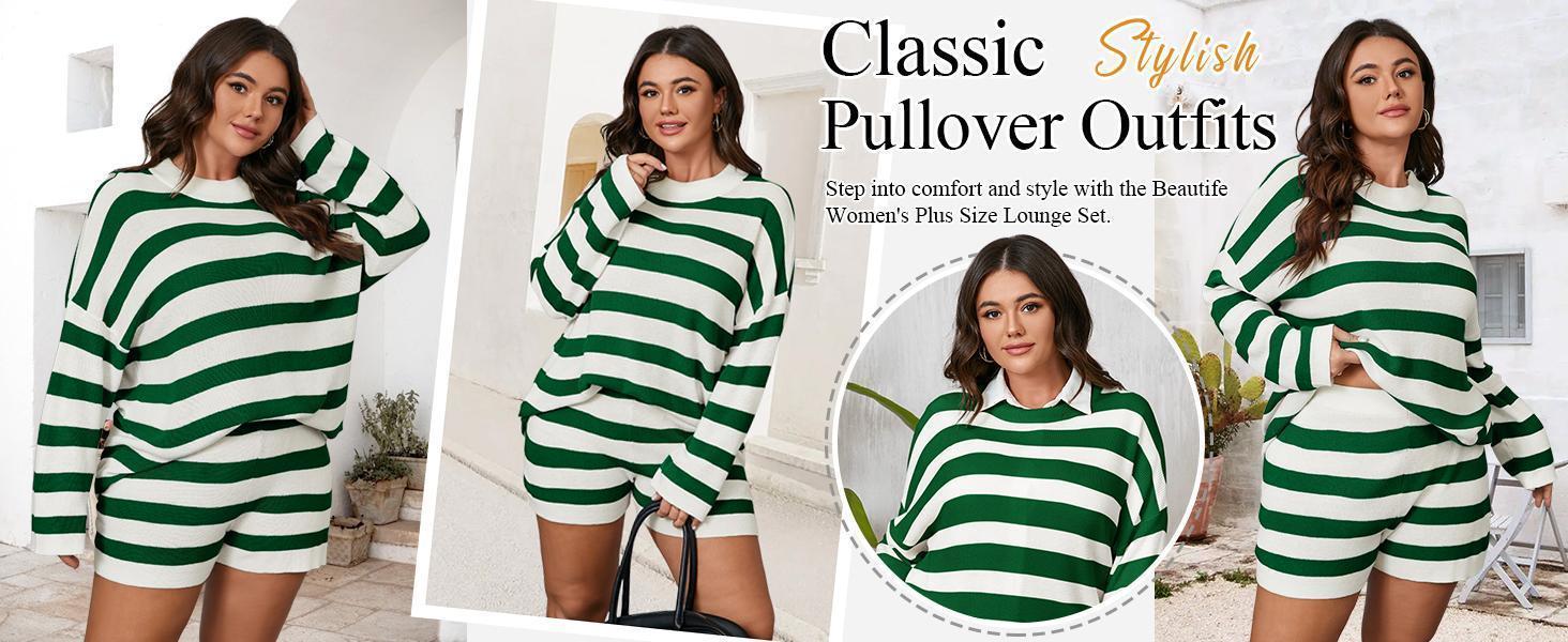 【XL-5XL】Imily Bela Curve Womens Plus Size Lounge Sets Striped Knit 2 Piece Sweater Set Long Sleeve Tops and Shorts Oversized Outfits