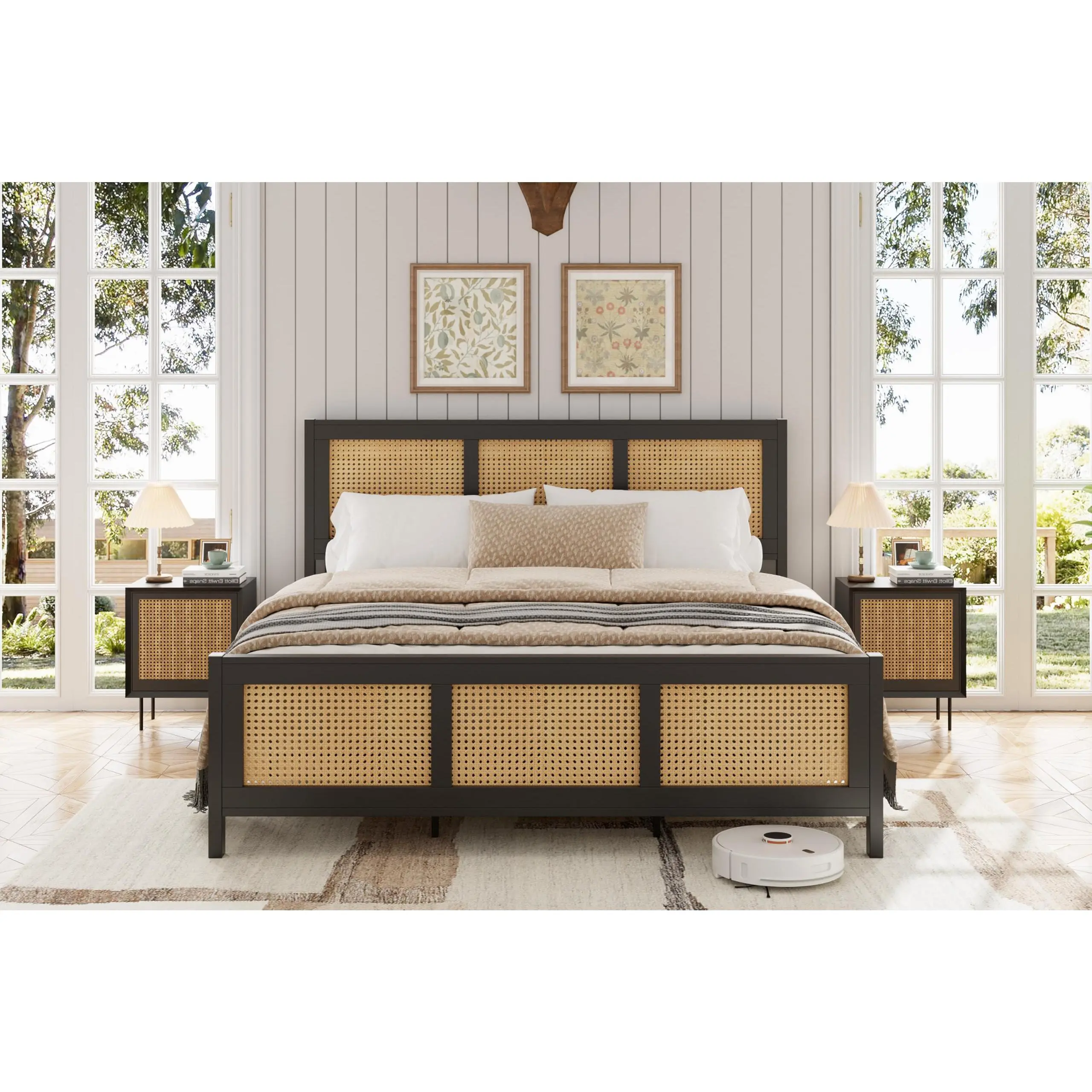 Garvee Boho Rattan Bed Frame with Cane Headboard King Queen Full Sizes Durable Metal Slats Noise-Free Design Modern Bedroom Furniture Black White 14" Underbed Storage Eco-Friendly