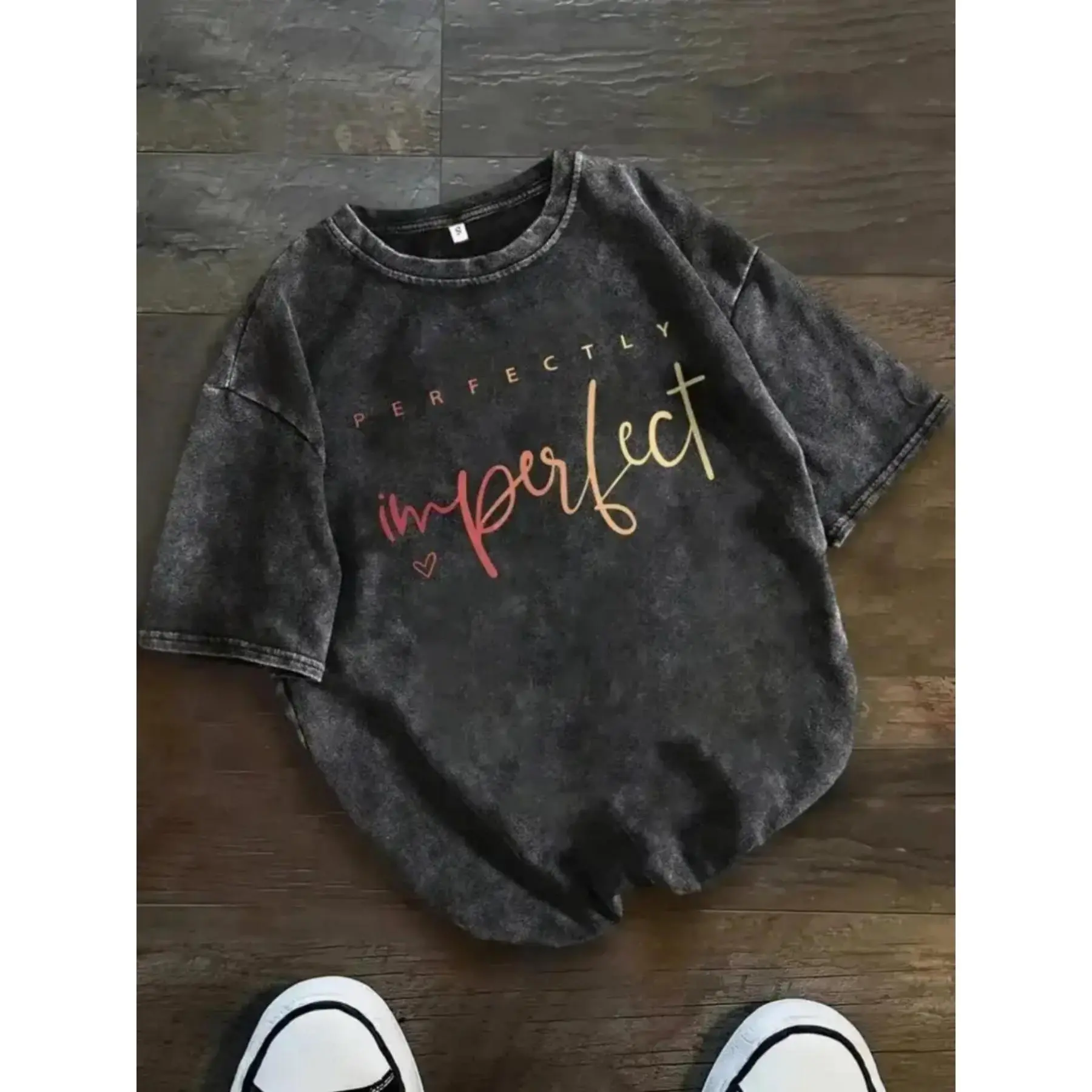Men's Vintage Printed 100% Cotton Streetwear T-Shirt, Flexible Relaxed Fit Drop Shoulder Crew Neck Short-Sleeve Top with 'Imperfect Is Perfect' Print, Soft Washed Year-Round Menswear Clothing