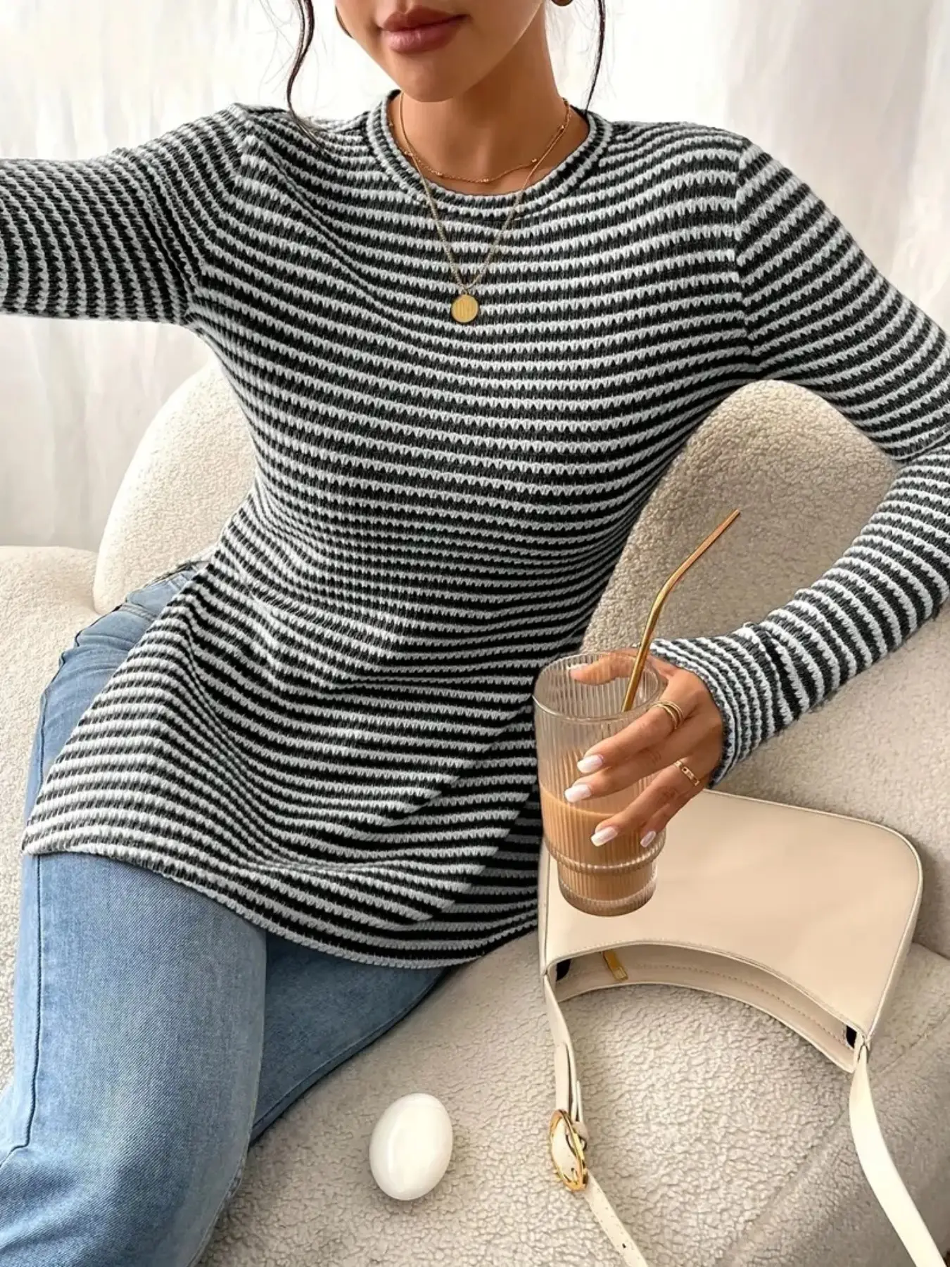 Elegant Textured Striped Long Sleeve Top, Side Split Waist Knit Sweater, Soft Style Slim Fit, Perfect for All Seasons