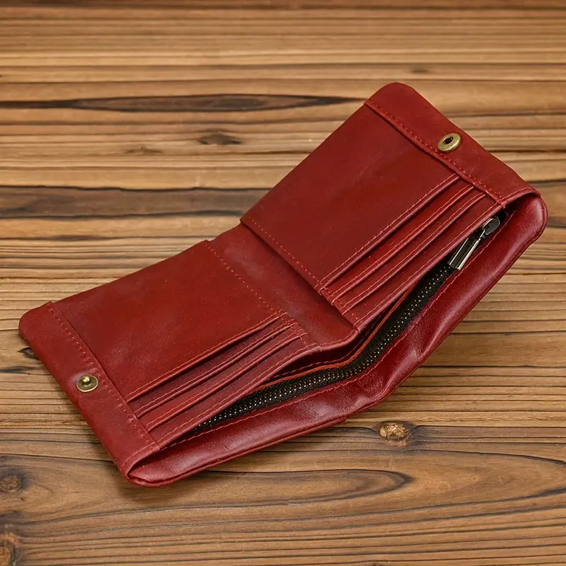 Men's Genuine Leather Wallet Vintage Cow Leather Short Wallet Card Holder Inner Zip Vertical Purse Women Card Case Coin Pocket
