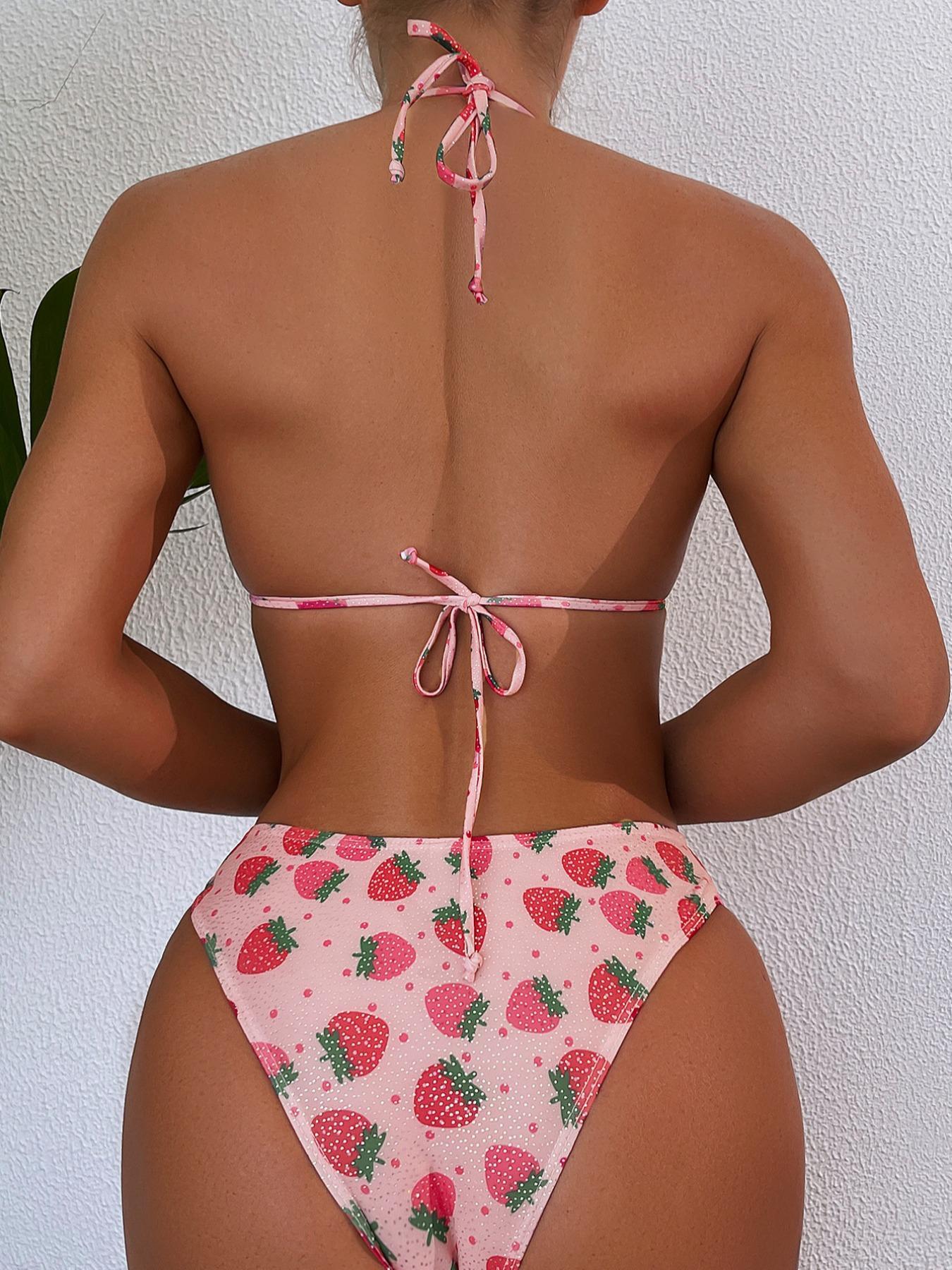 Women's Strawberry Print Halter Neck Tie Back Triangle Swim Bra & High Cut Swim Panty Bikini Set, Casual Fruit Print Backless Swimwear Set, Ladies Summer Swimsuit for Beach Holiday Vacation, Bikinis Sets