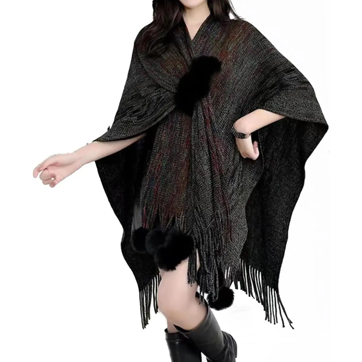 Womens Poncho Shawl Wrap Sweater Cape with Tassels Pompoms | Open Front,Knitted Blanket,Ruana,Warm Scarf,Versatile,Cardigan Coat,Soft,Washable,Lightweight,For Evening Dresses,Fall Winter