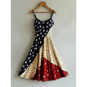 Women's Flag Print Spaghetti Strap Midi Dress with Pockets - -Line Sleeveless Round Neck Beach Dress Suitable for Fourth of July Outfits, Elastic-Free Hem Machine Washable Casual Summer Dress for Poolside & Vacation Wear