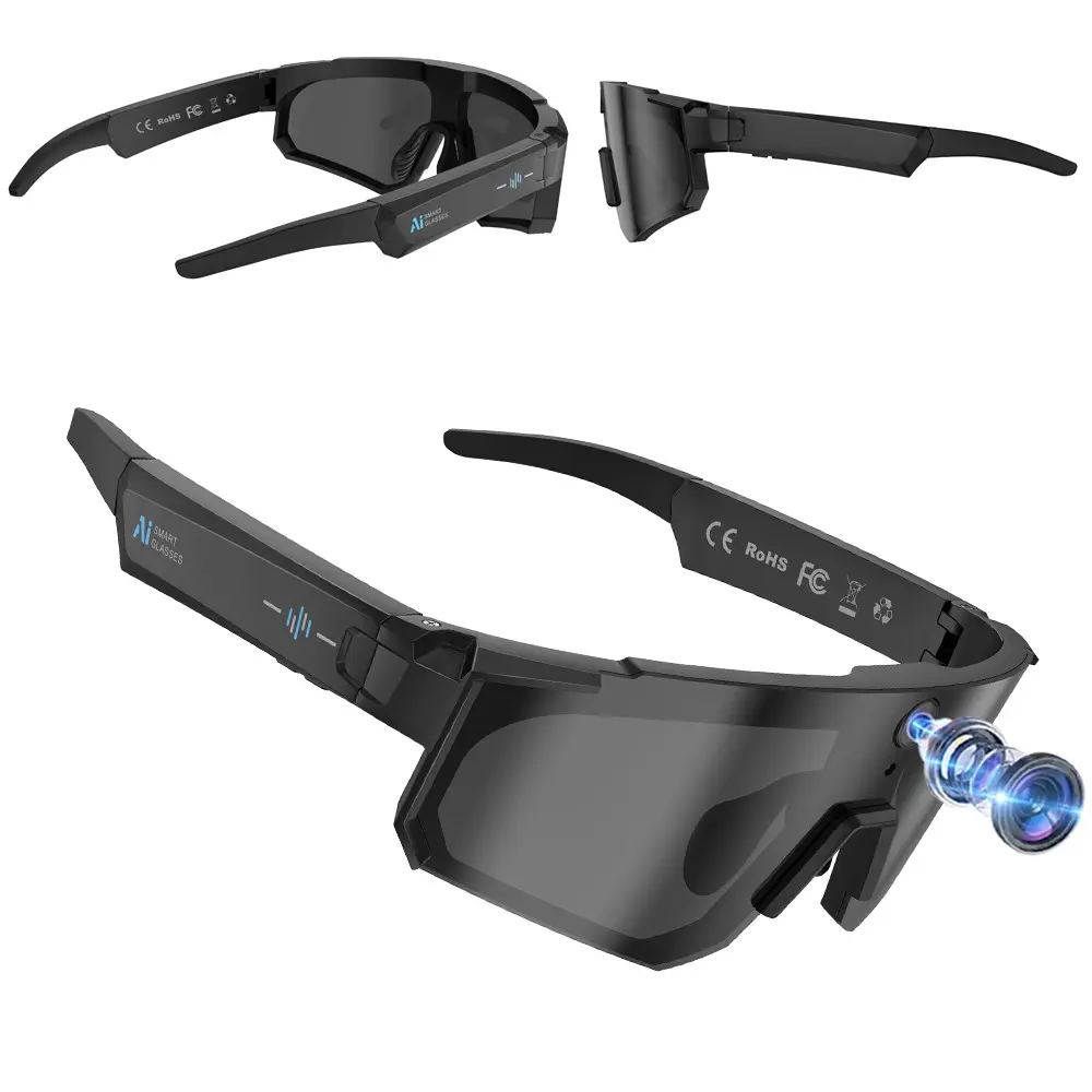 Sport Smart Sunglasses with Video Recording,8MP Camera, 360°Surround Sound Audio ,One Click Recording,First Person Shooting, AI Voice Assistant, AI Real Time Translation,Al Object Recognition,290Mah Battery,WiFi Transfer Bluetooth Call, Music Playback