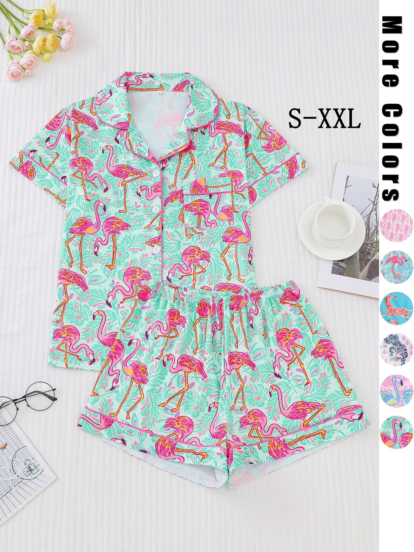 Women's Monkey Print Lapel Neck Button Front Shirt & Elastic Waist Shorts Pyjama Set, Casual Comfy Short Sleeve Pocket Top & Shorts PJ Set, Ladies Sleepwear Loungewear for All Seasons