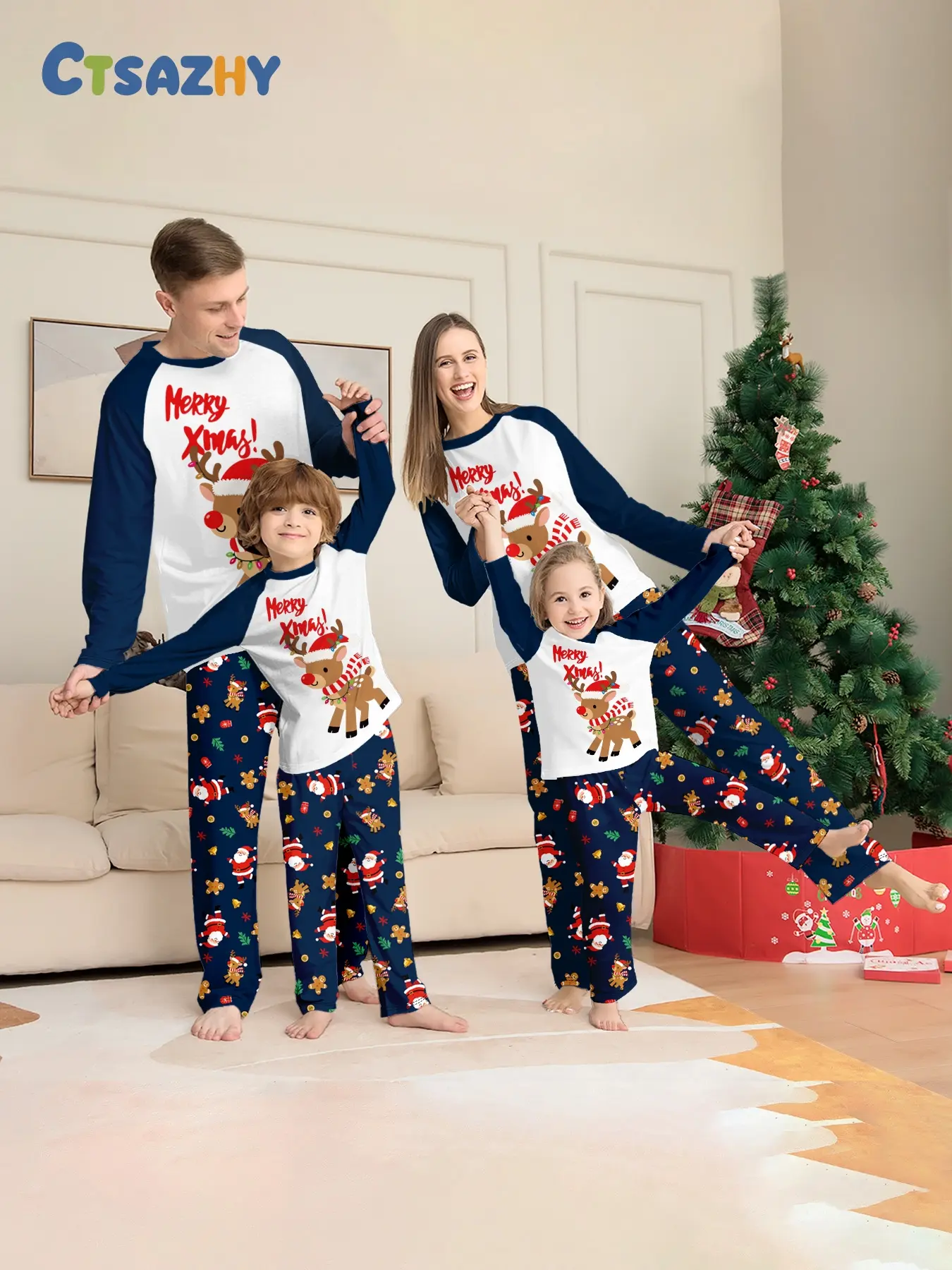 Raglan Sleeve Matching Family Christmas Pajama Set, Cartoon Reindeer Merry Xmas Print Color Contrast Loungewear, Cuffed Sleepwear for Adults & Kids, Soft Cozy Couple Family Outfits for Families of 3 or 4