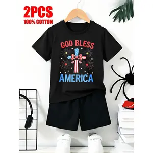 Casual Patriotic Style Independence Day Boys 2pcs Short-Sleeved 100% Cotton T-Shirt And Shorts Set God Bless America with Fireworks And Stars Design Summer Outfit for Kids Perfect Gift for Family And Friends, Perfect for Outdoor