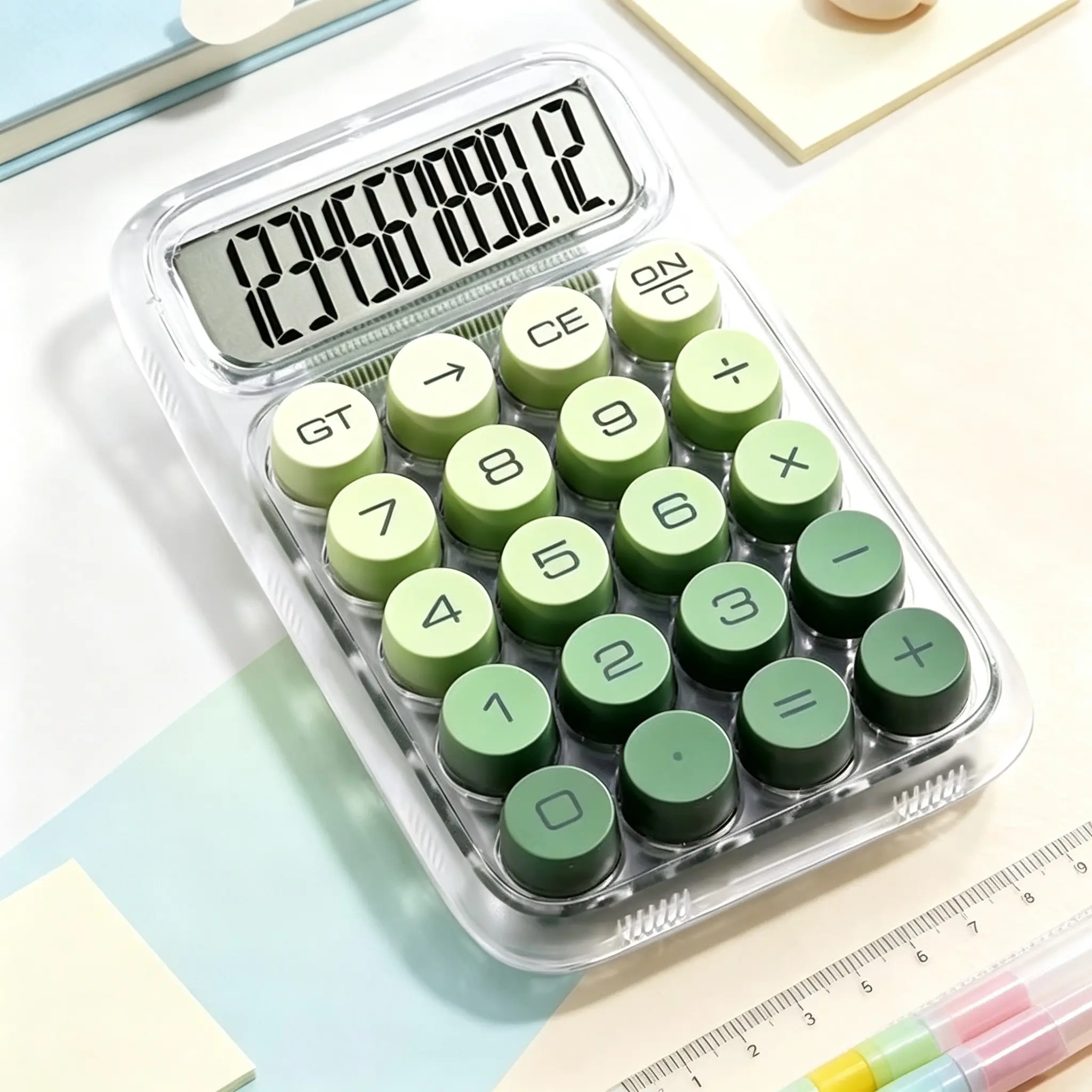 Gradient Button Transparent Height Calculator, 12-Digit HD Screen, Mechanical Keys, Portable Desktop Calculator, Student Exam Office Gift