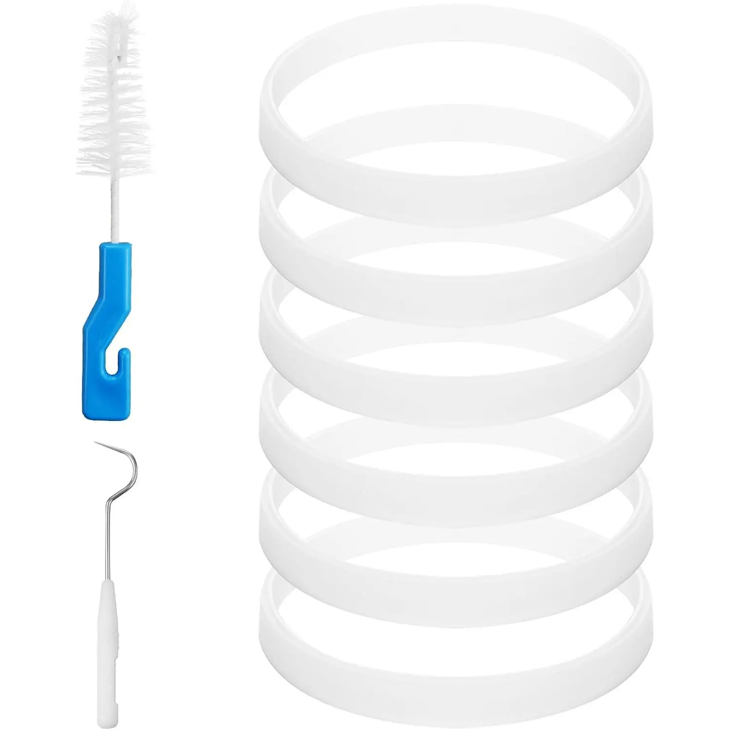 6-Count Rubber Gaskets (3.94in/10cm) - Leak-Seal Replacement Parts for 7-Fin Blenders, Includes Cleaning Brush & Hook, Compatible with BL480 BL680 BL910 CT680 White O-Rings