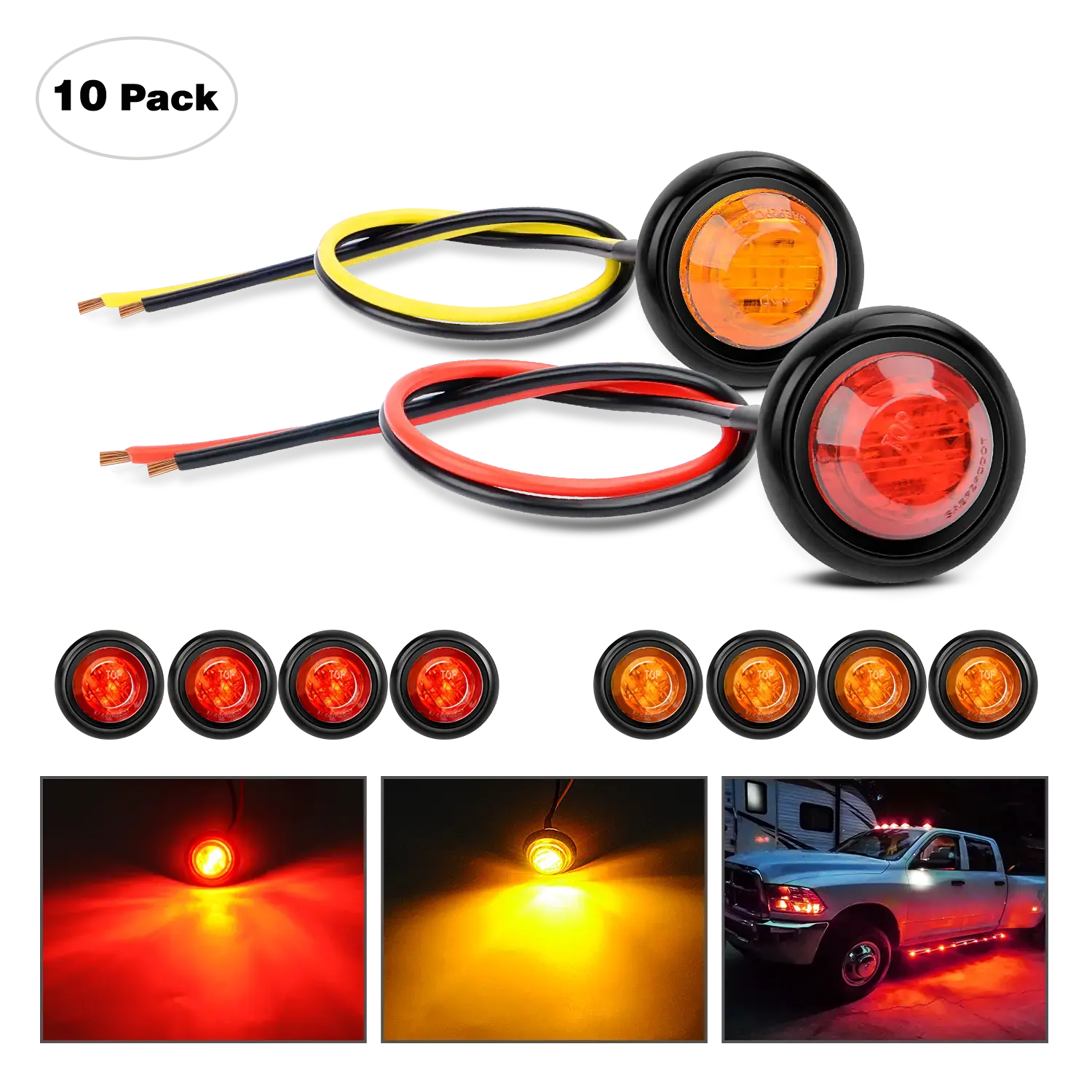 Nilight 3/4in Amber Red Round LED Side Marking Lights (10 Pcs) - 12V DC, 9in 2-Wire Leads, 3/4in Hole, 60 Lumens, Waterproof, PC Lens, Rubber Cover, Surface Mount, 2-Year Replacement, 100000-Hour Lifespan, Black for Ground/Negative, Caravan Turn Signals