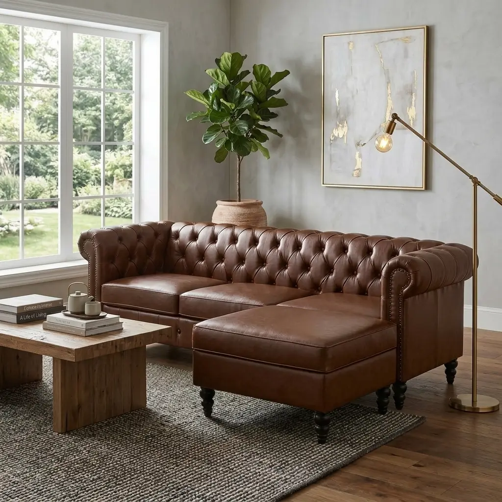 ARCH Modern 4-Seater L-Shaped Sectional Sofa with Storage Ottoman & Storage Organization, Brown PU Leather Couch with Tufted Back, Rivet Decor Curved Arms, Solid Birch Wood Solid Legs, 85-Inch Indoor Living Room Furniture, 85 In