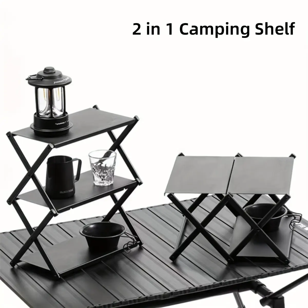 1pc 2-in-1 Portable Folding Storage Shelf - Aluminum Alloy 3-Tier Utility Rack, Casual Style, Foldable Outdoor Camping Table, Picnic and BBQ Essential