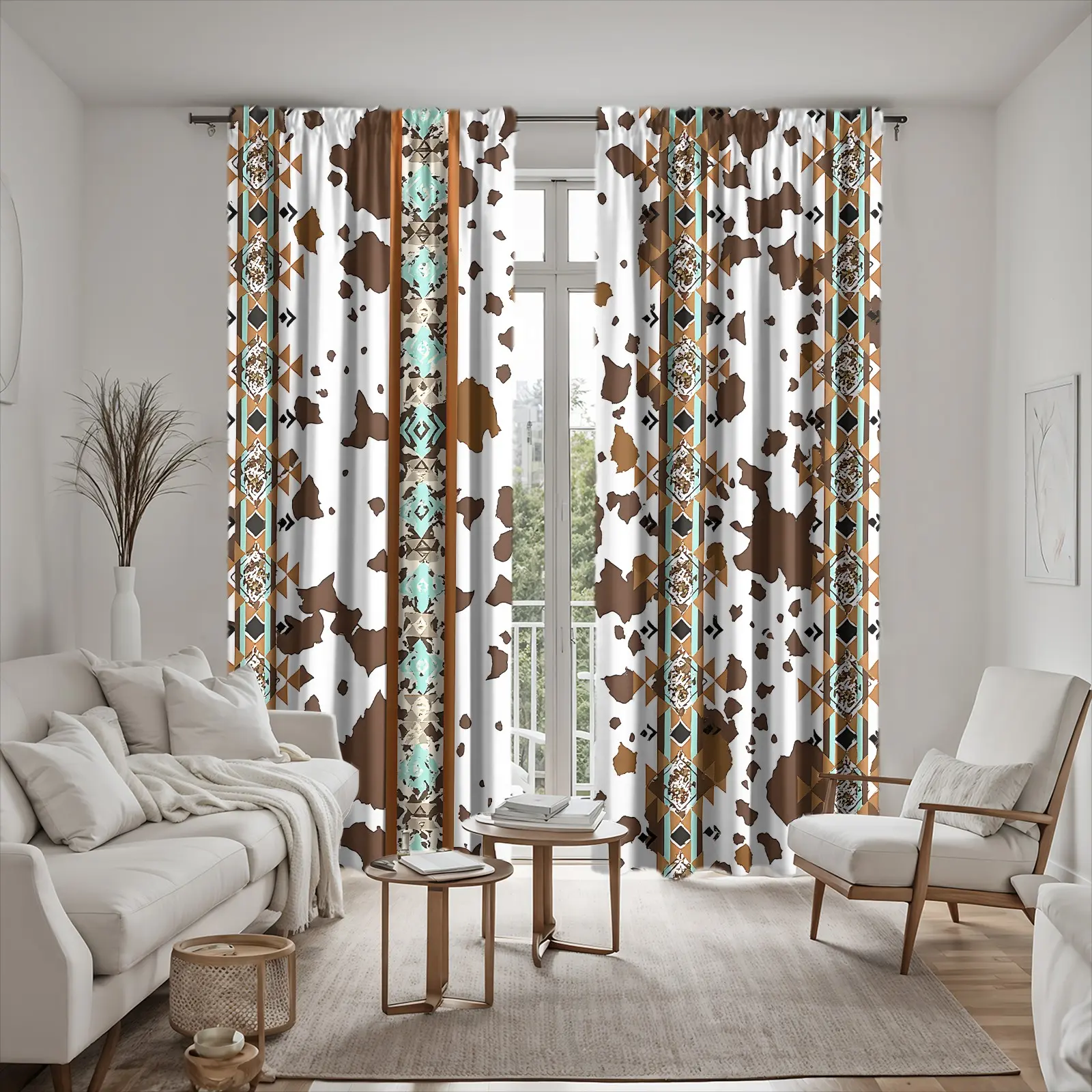 2 Panel Rod Pocket Brushed Fabric Curtains. Cow Spot Tribal Geometric Western Decor Drapes. Skin-Friendly Brushed Fabric, Anti-Shrink, Washable Curtains for Dorm, RV, Hobby Studio.