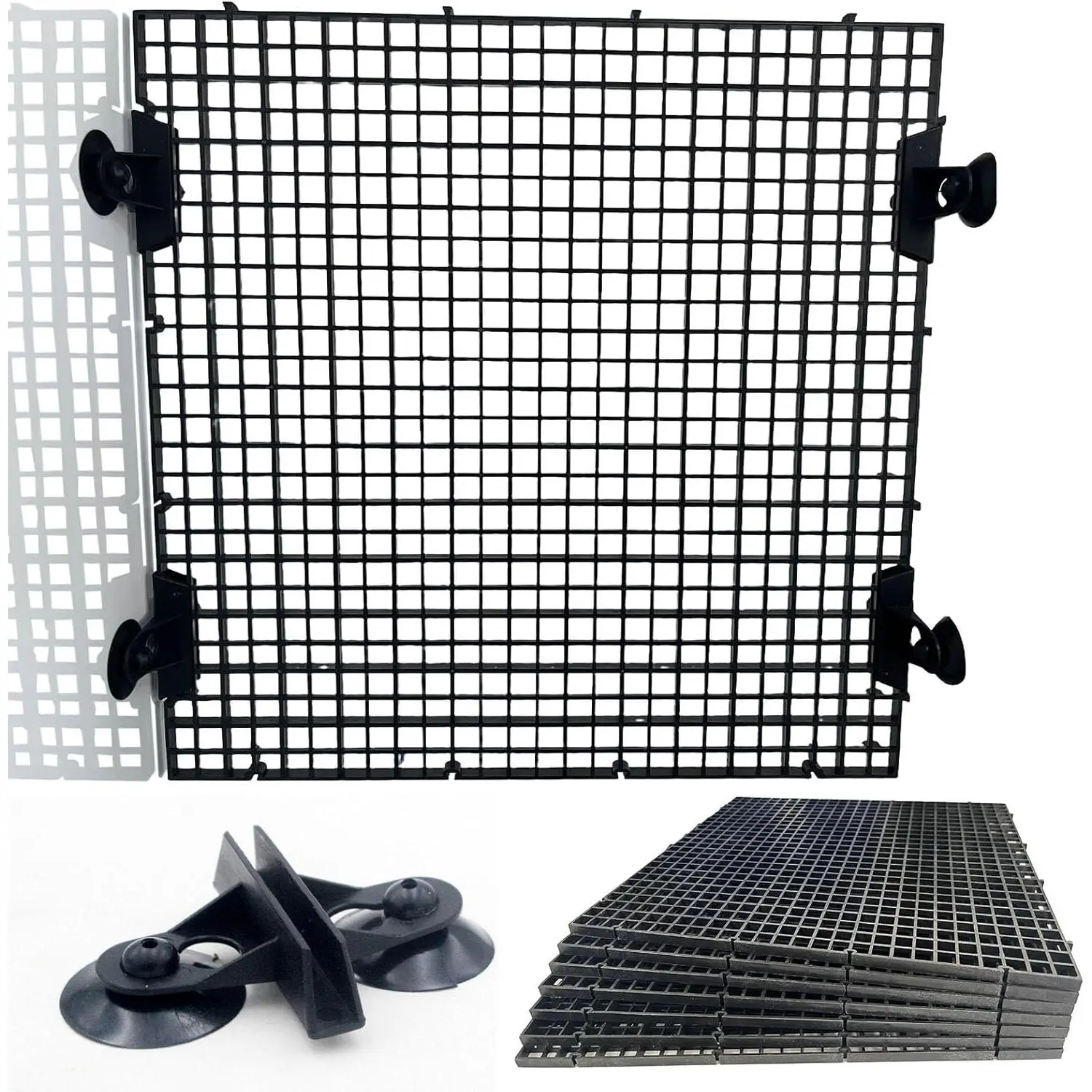 Black Fish Tank Dividers 0.35 Inch Mesh Gap 11.8 x11.8 Inch Panel 8 Pcs with 10 Strong Suction Cups Easy to Cut for 10-55 Gallon Aquarium