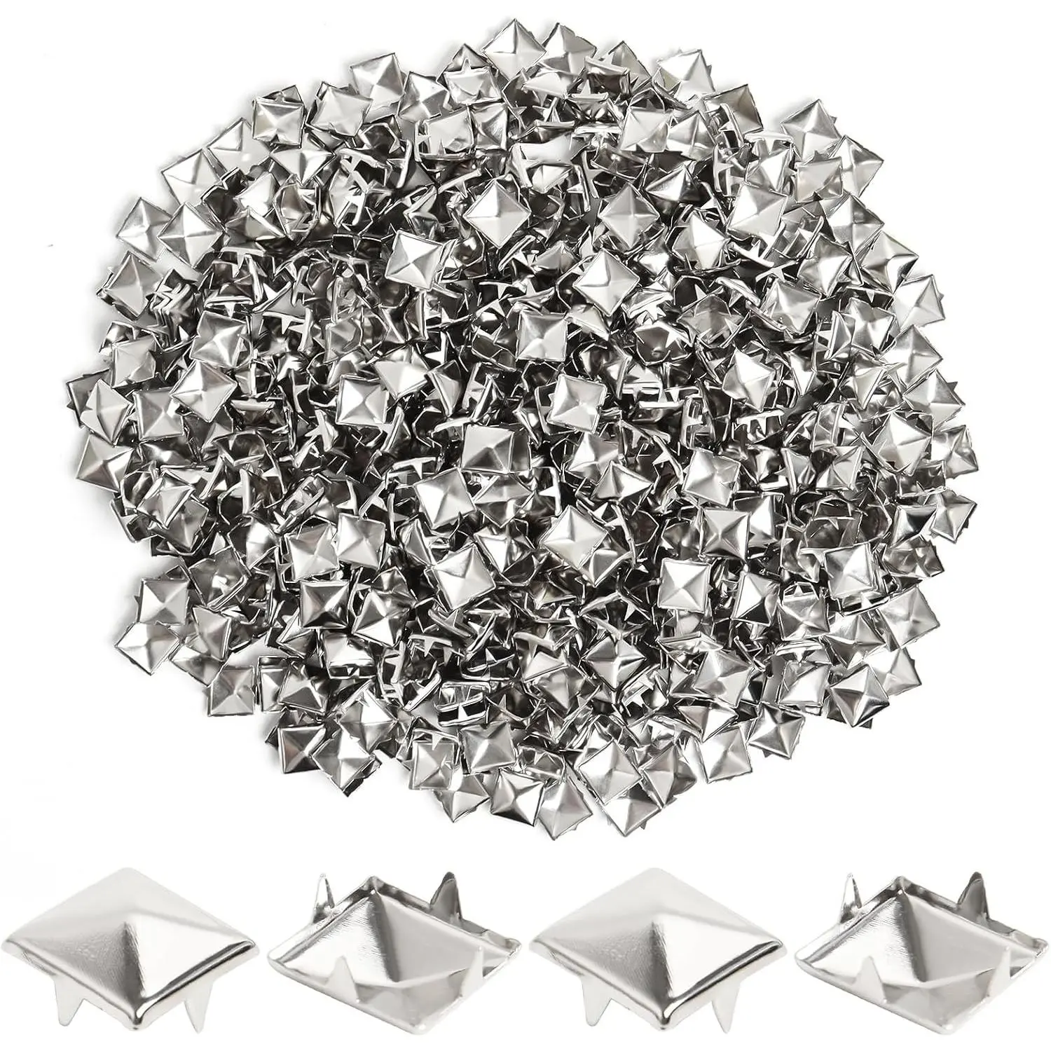 200 Pcs 10mm Silver Four-jaw Square Punk Pyramid Spikes Studs Rivets for Clothing, Shoes, Jackets, Backpacks and Leather Crafting