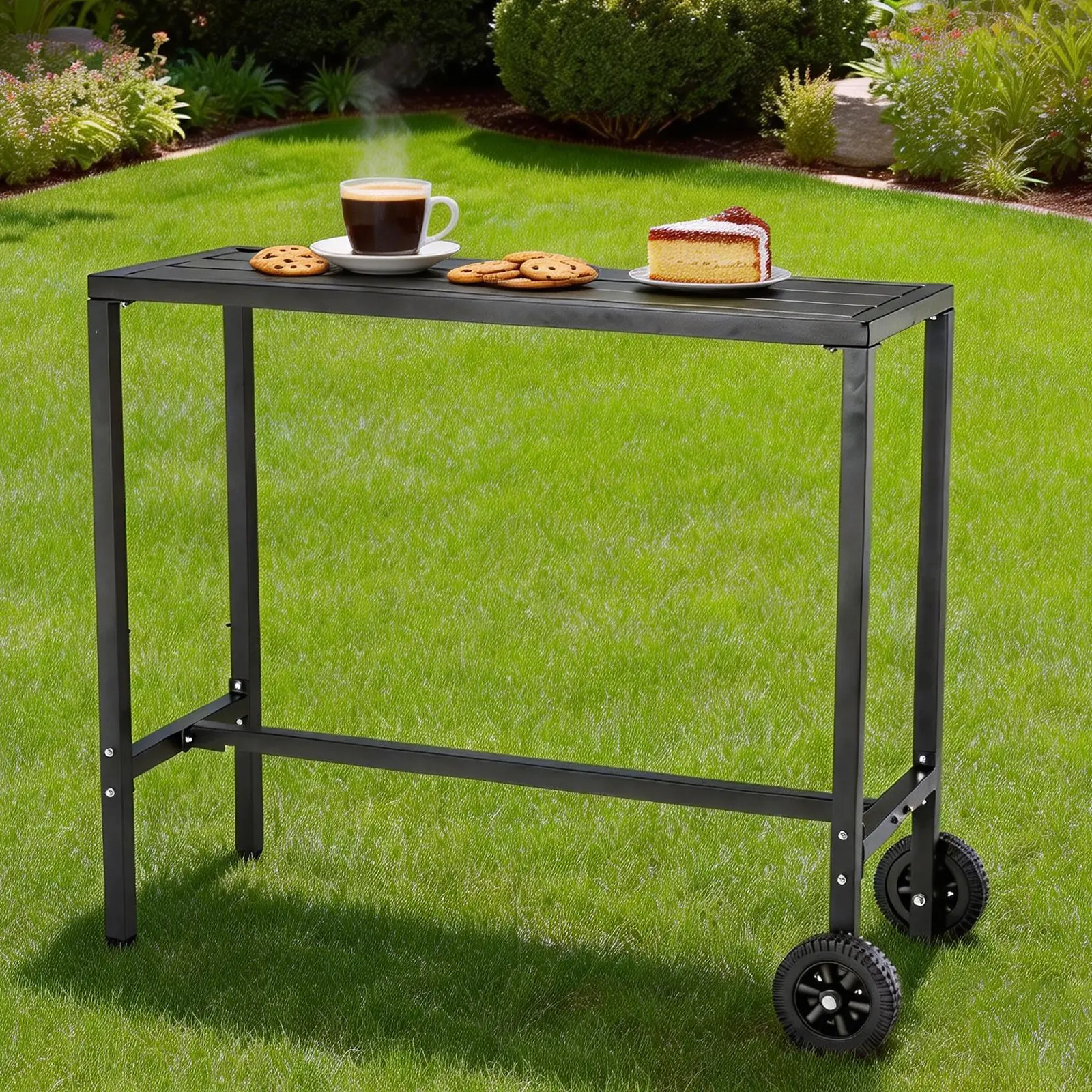 39 Inch Outdoor Bar Table - Weatherproof Steel Counter Height Patio Table with Wheels & Adjustable Leveling Feet for Kitchen Island, Home Bar & Balcony