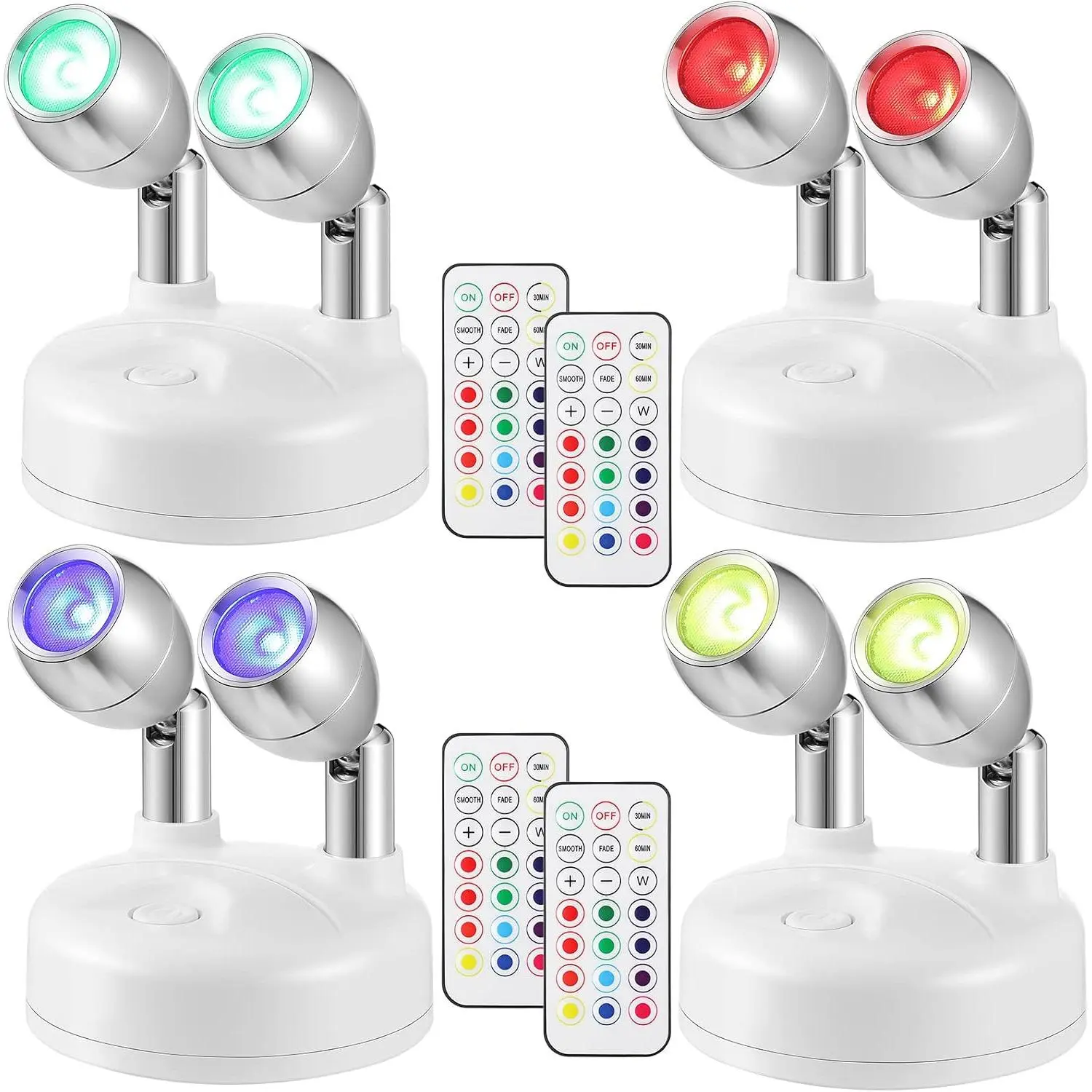 4 Pack    Operated Spotlights Indoor  RGB LED Spot Light with Remote 13 Color Accent Lights with Rotatable  Stick  Wall Hallway, for Painting Picture(White)