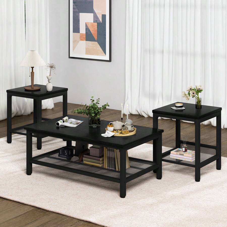 3-Piece Industrial Coffee Table Set, Modern Living Room Table with 2 Matching Square Side End Tables, Metal Frame Accent Table Set for Home Apartment Office