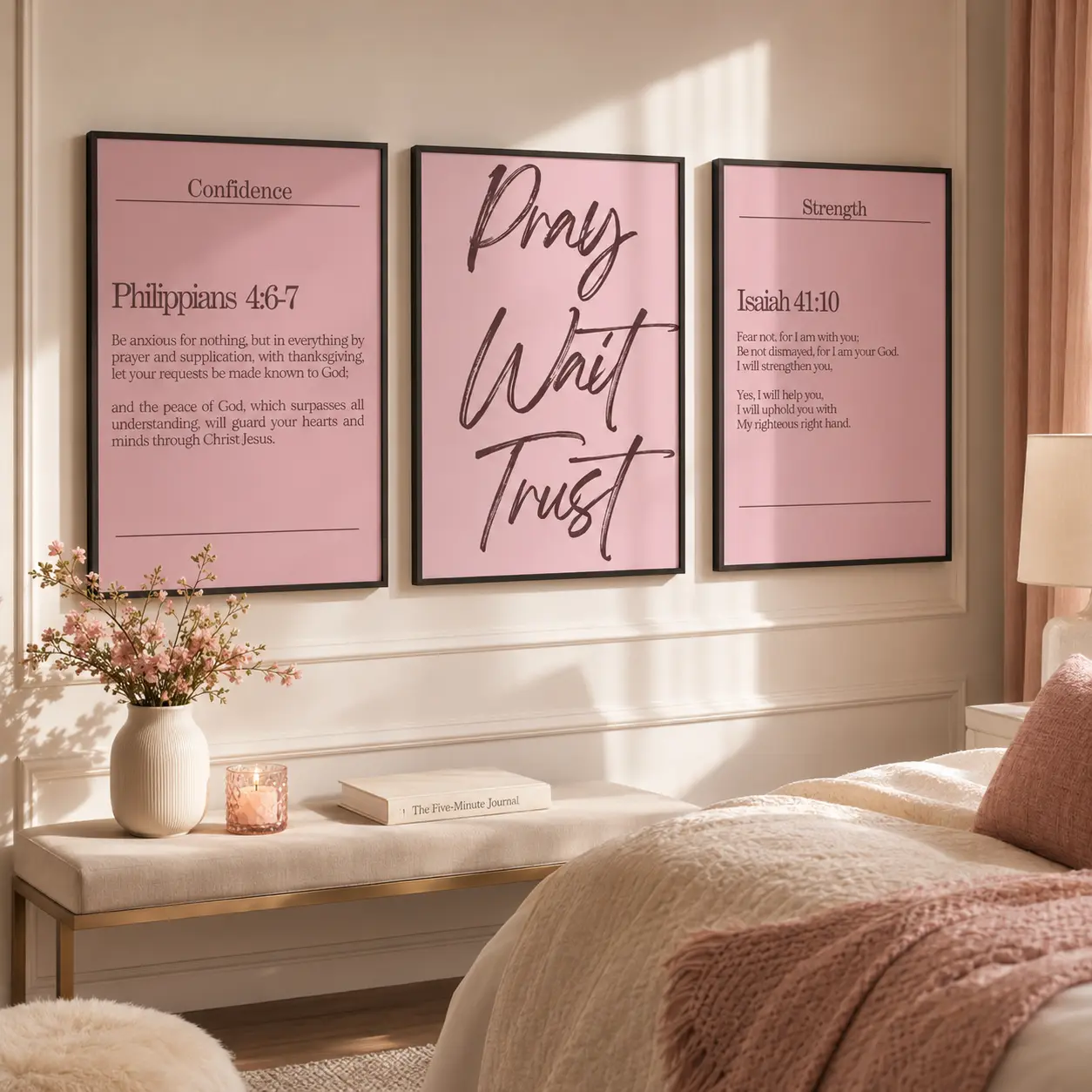 Pink Christian Wall Art Set of 3, Modern Scripture Prints, Christian Girl Decor, Philippians 4:6 Poster, Isaiah 41 Elegant Faith Art, Canvas Wall Art Print, Bible Verse Decor, Faith Poster Set for Bedroom Dorm Office, Gift for Women Girls