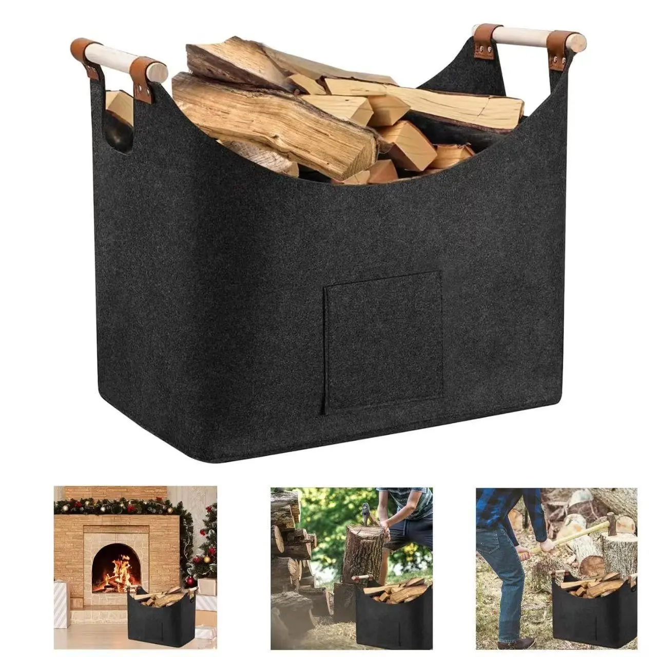 Felt Firewood Log Storage Bag, Large Capacity Fireplace Wood Carrier Tote, Durable Dry Firewood Holder, Indoor Organizer for Home & Camping