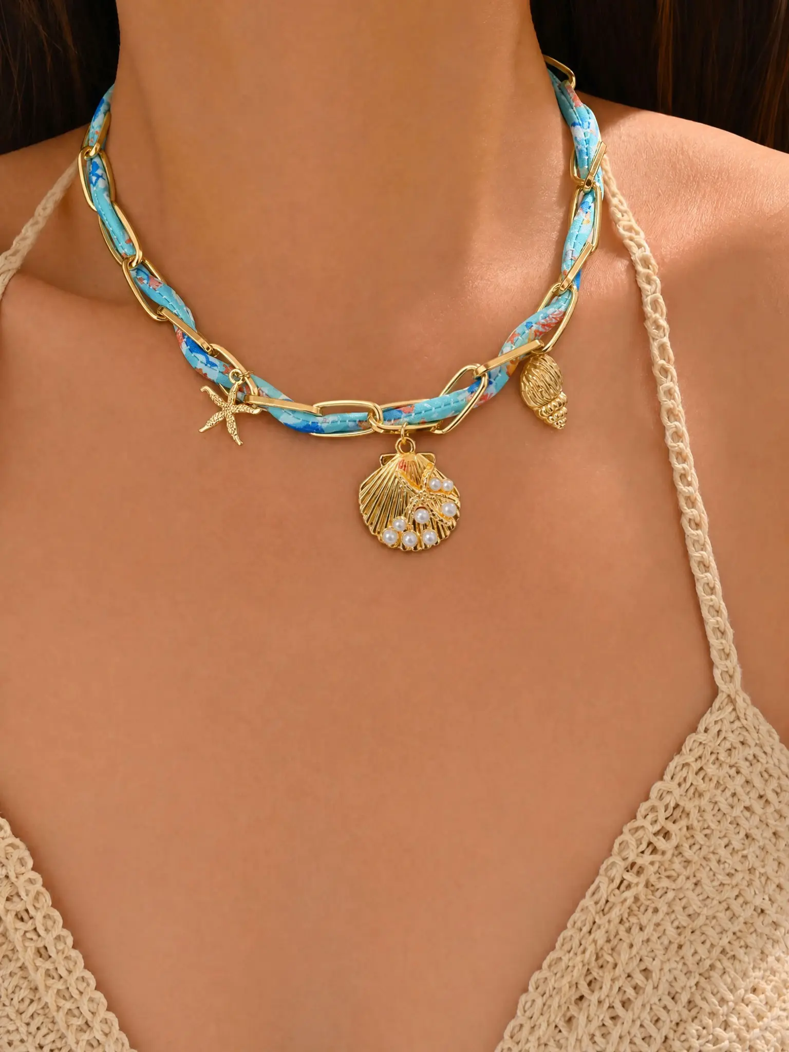 Blue Tone Scarf Metal Chain Necklace, Halloween Christmas New Year Vacation Ocean Style Accessory, Elegant Plain Alloy Chain Jewelry