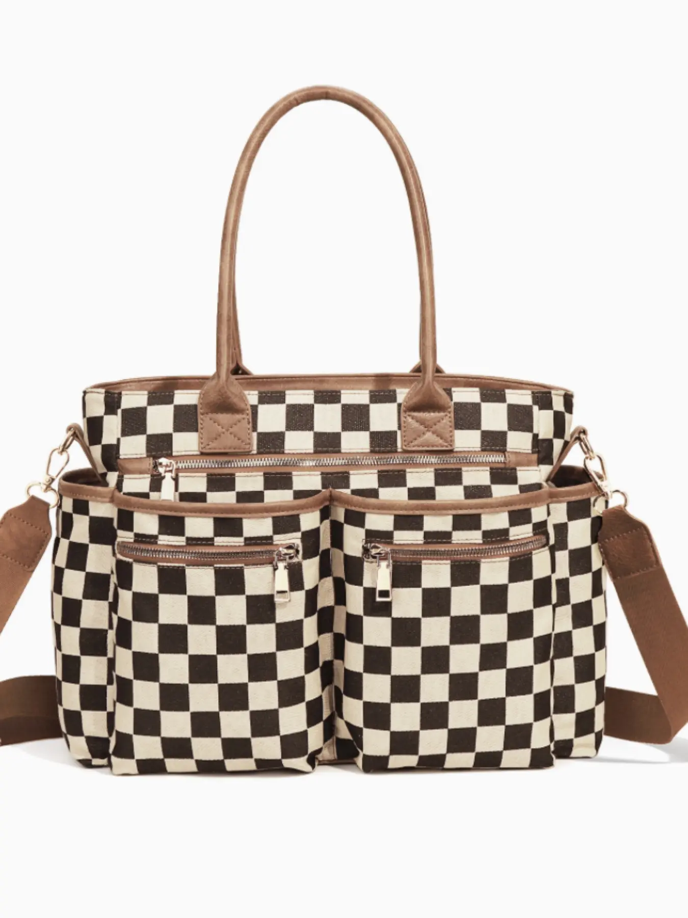 Women's Checkered Tot Bag, Multi-Pocket Large Capacity Shoulder Handbag, Casual Plaid Detachable Strap Commute Crossbody Bag, Daily Commuter Bag