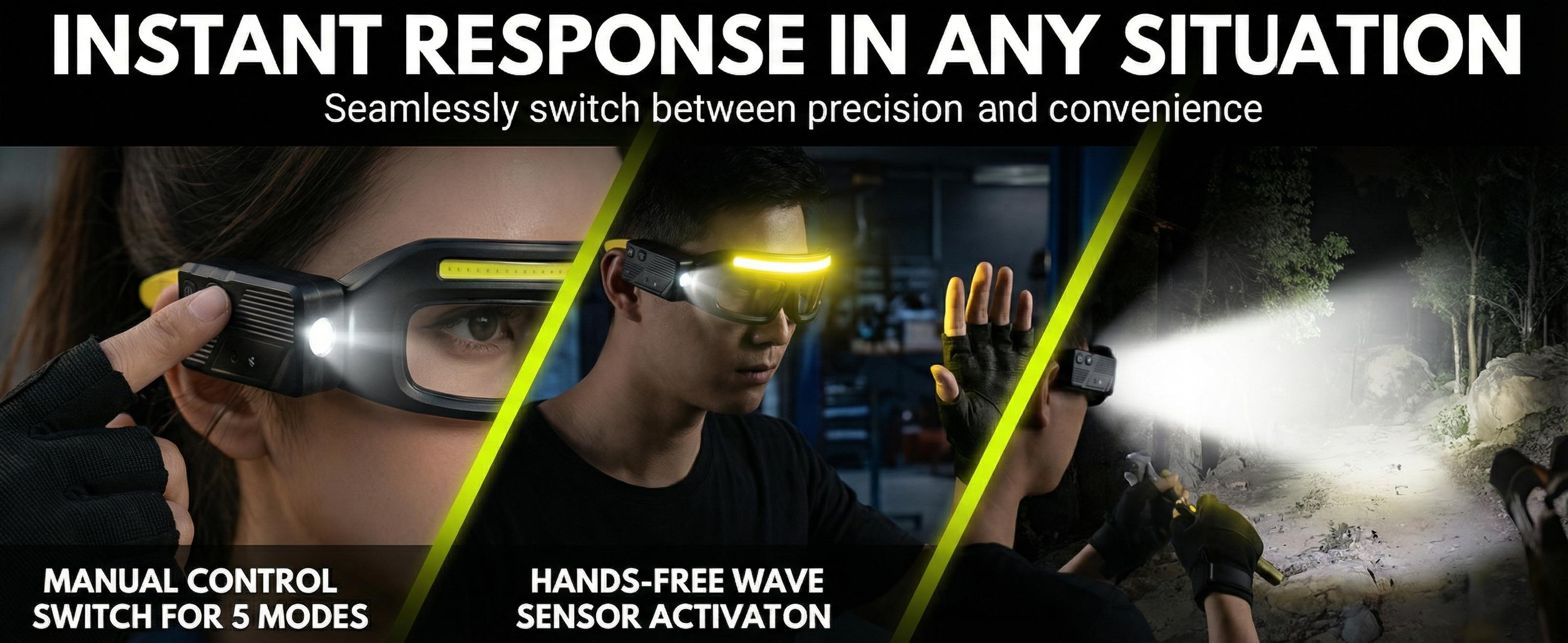 LED Lighted Safety Glasses, USB-C Rechargeable Headlamp Glasses with Motion Sensor & Touch Control, 5 Lighting Modes, Hands-Free Glasses for Night Running, Camping, Fishing & Work (Yellow) LED Lighted Safety Glasses, USB-C Rechargeable Headlamp Glasses with Motion Sensor & Touch Control, 5 Lighting Modes, Hands-Free Glasses for Night Running, Camping, Fishing & Work (Yellow)
