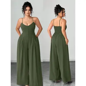 Elegant Casual Plus-Size Women's Spring-Summer Wide-Leg Jumpsuit with Button Shoulder Straps and Pleated Waist Womenswear
