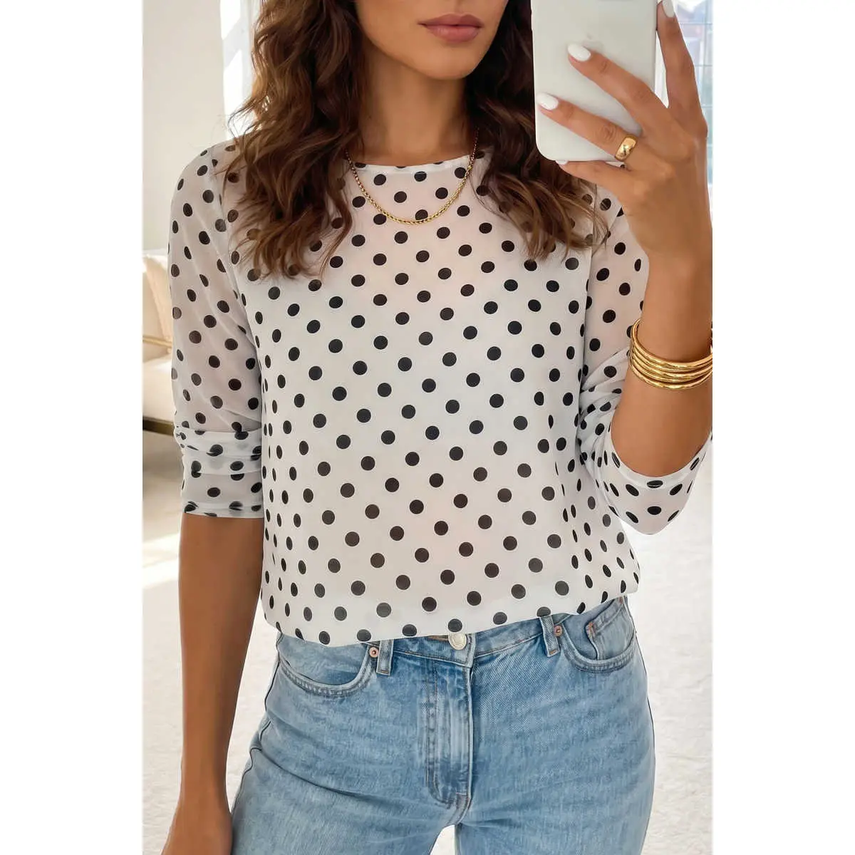 Women's Feminine Polka Dot Sheer Mesh Blouse - Casual Long Sleeves Elastane-Polyester Shift Shirt with Round Neck, Gathered Cuff Sleeves, Breathable Lacy Fabric, Playful Look, Women's Clothes