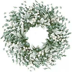 Artificial Greenery Leaves Wreath for Front Door 22 Inch Greenery Boxwood Wreath with Flocked Lambs Ear White Berries for Spring Summer Farmhouse Wall Home Indoor Outdoor Decor