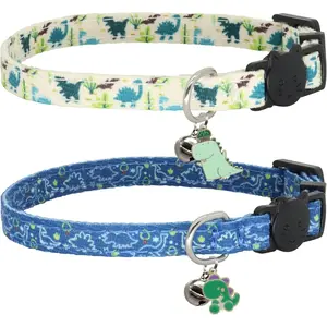 Cat Collar Breakaway, 2 Pack Cotton Kitten Collars with Bells and Removable Charms, Cute Dinosaurs Shaped for Indoor Boy, Girl and Adult Cats