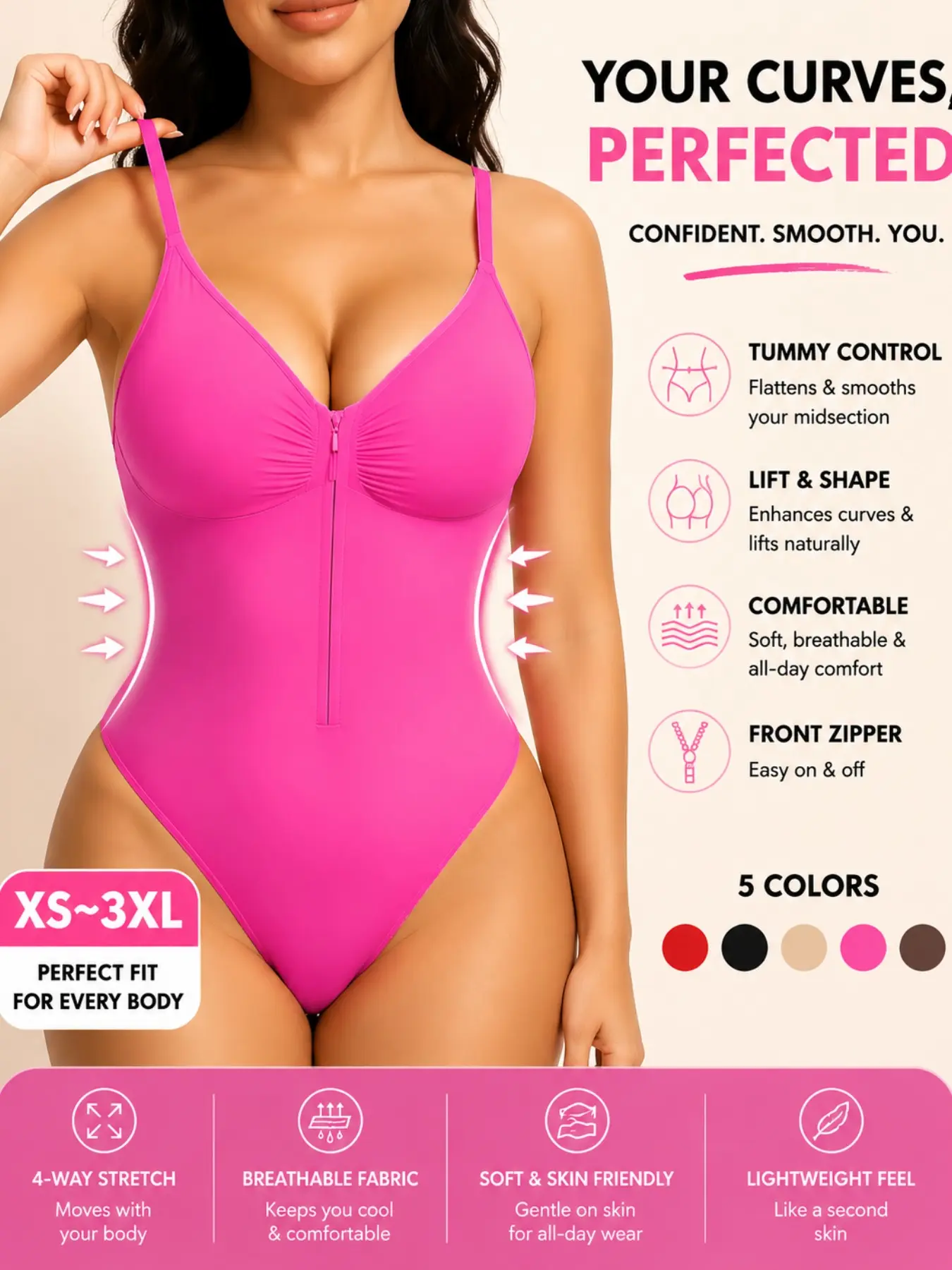 Front Zipper Tummy Control Shapewear Bodysuit, Women Snatched Waist Butt Lifting Body Shaper, Breathable Stretch Shaping Bodysuit