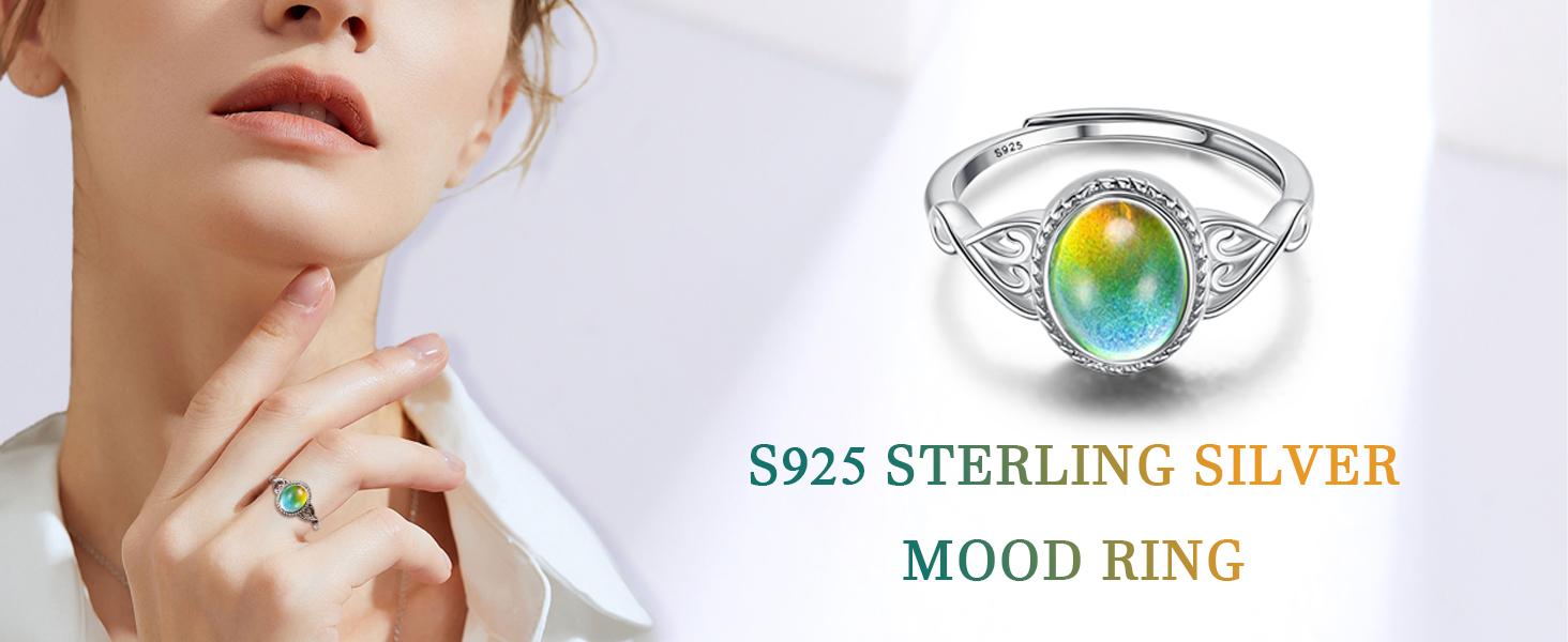 Adjustable 925 Sterling Silver Mood Rings for Women Victorian Style Oval Solitaire Ring Temperature-Control Rings Trinity Celtic Knot Color Change Stacking Rings Cubic Zirconia Gift Jewelry for Her…