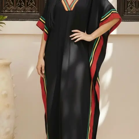 Plus Size Zebra Striped Batwing Sleeve V Neck Dress, Casual Loose Fitted Long Dress for Summer, Women's Plus Clothing for Beach Vacation, Bohemian Casual Fashion, Bohemian Casual Wear, Bohemian Sundress