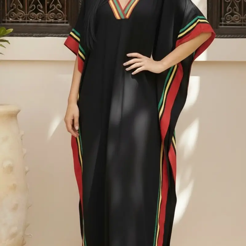 Plus Size Zebra Striped Batwing Sleeve V Neck Dress, Casual Loose Fitted Long Dress for Summer, Women's Plus Clothing for Beach Vacation, Bohemian Casual Fashion, Bohemian Casual Wear, Bohemian Sundress