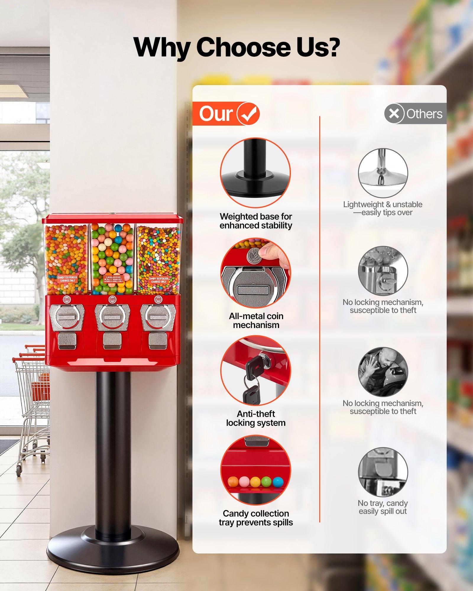 VEVOR Candy Vending Machine, Triple Compartment Candy Vending Machine with Stand, Gumball & Candies Vendings Machines with Built-In Cash Box, Detachable, Vintage Candies Dispenser for Shops, Arcades