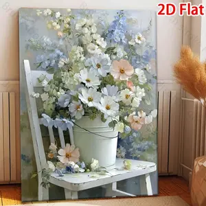 High Quality Canvas Paintings Prints Wall Art Framed Posters for Bedroom Living Room Decor Home Room Decor 2D Flat, Floral Arrangement in White Bucket on Wooden Chair, Floral Still Life Painting for Dining Room, Bathroom Wall Art, Halloween