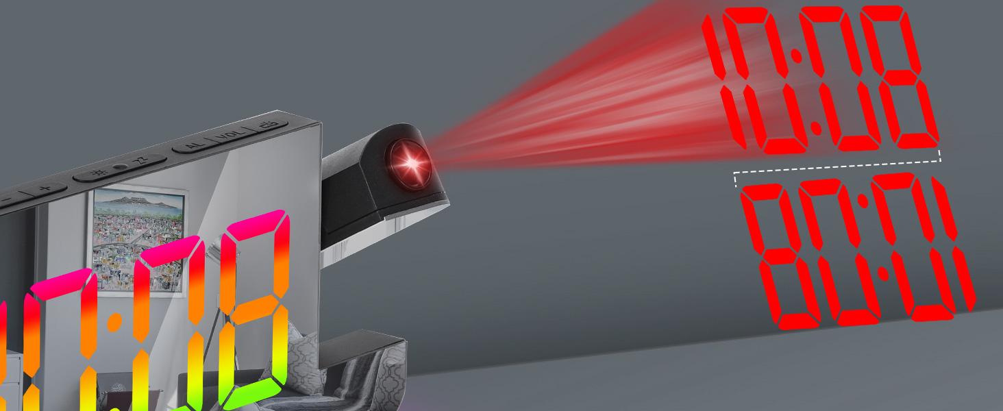 STANDARD GOODS 3C9--MPP024   Projection Alarm Clock, 7.4 in Digital Mirror Clocks,with 180° Rotatable Projector, RGB Night Light,USB C Charger Port, Auto Dimmer, LED Desk Clock for Bedroom - Black