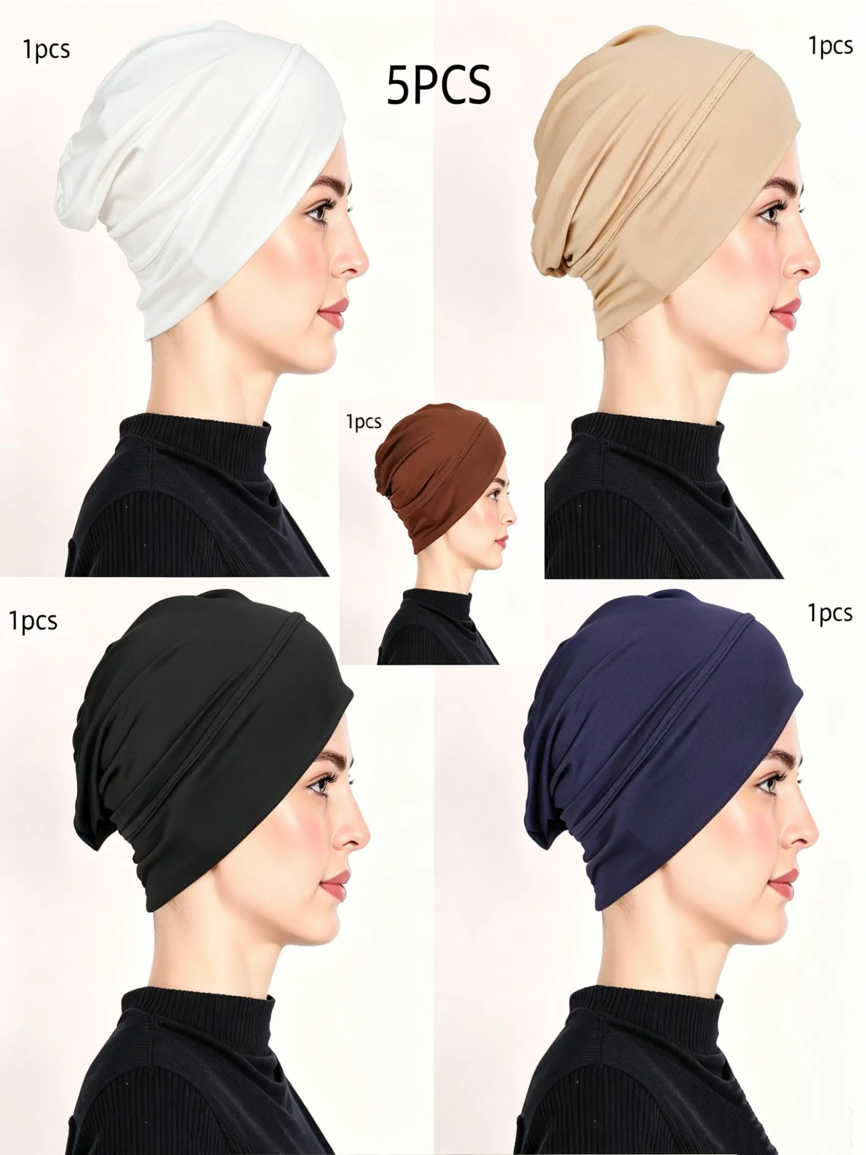 5pcs Ethnic Elastic Headscarf Hats, Plain Color Base Caps, Chemotherapy Hats, Hair Protection Turban Hats, Stretchy Hijab Cap, All Seasons Fitted Style