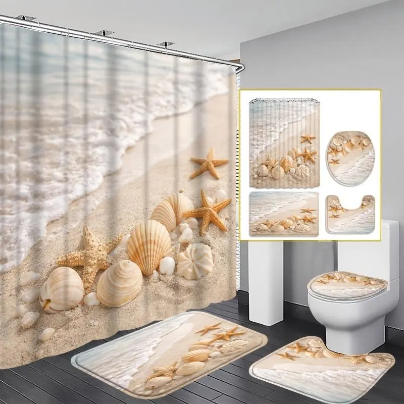 1/4PCS Beach Shell Shower Curtain Set – Seashell & Starfish Bathroom Decor, Includes Mat, U-Mat, Toilet Cover & 12 Hooks, 70.87x70.87 Inch Curtain, Coastal Design, Home Bathroom Accessories