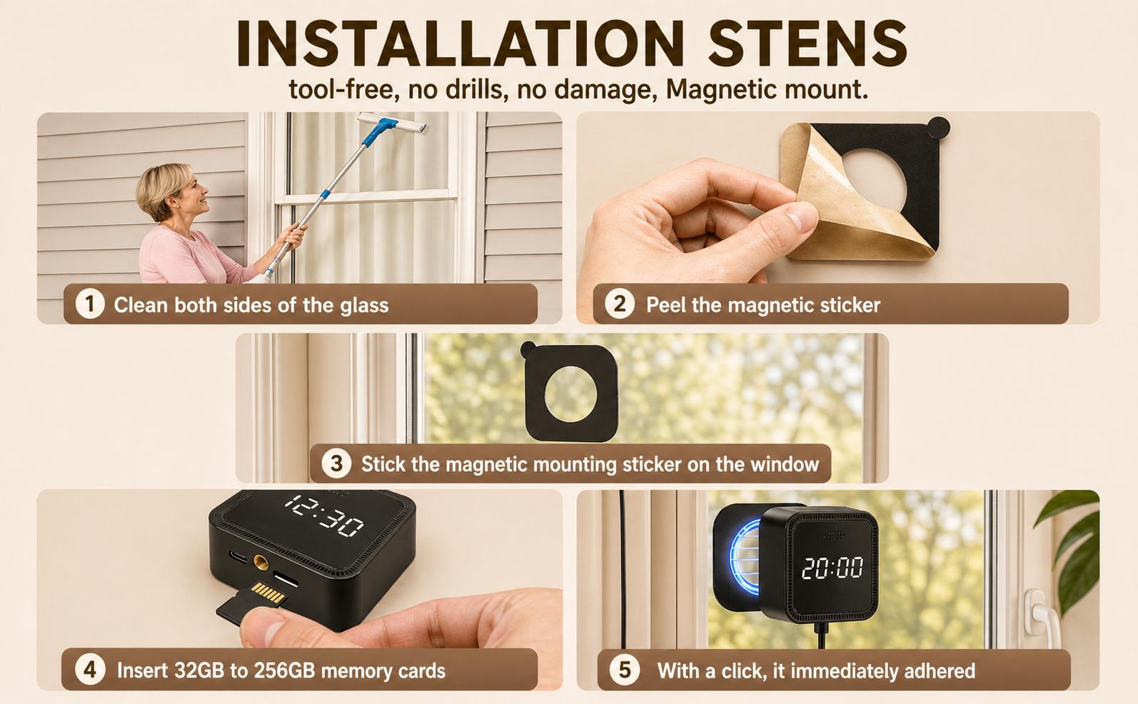 Zoall 3MP/2K Magnetic Window Security Camera, 5G&2.4GHz WiFi, Full-Color Night Vision, Real-Time Clock Display, Local Audio Recording, SD Card Support, No-Drill Mount, Wireless Indoor/Outdoor for Apartments